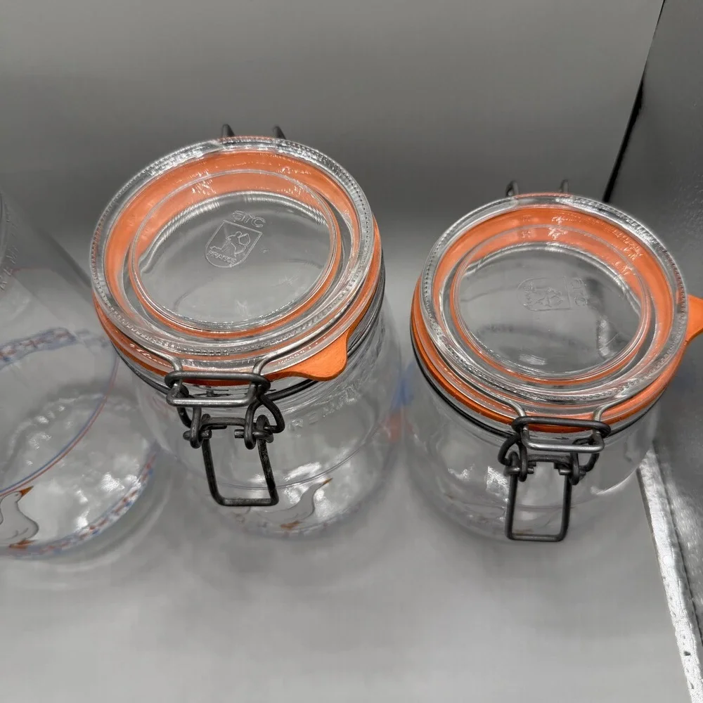 Vintage ARC France Hearts & Geese Glass Canister Set 4 Clamp Lid Wire Bail Jars